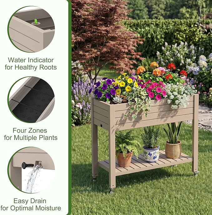EFU Raised Garden Beds Outdoor, with Wheels for Mobility, Extra Storage Shelf, Water Level Monitoring, 21 Gallon Planter Raised Beds for Vegetables, Herbs, Fruits, Backyard, Patio, Balcony (Grey)
