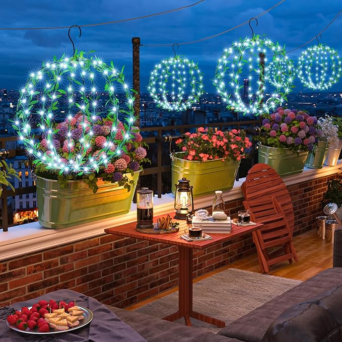 Joomer Solar Hanging Ball Lights Outdoor, 2-Pack 13in & 11in Total 264 LED Solar Globe Lights, 8 Modes Waterproof Metal Sphere Lights with Hooks for Patio Garden Decor - White