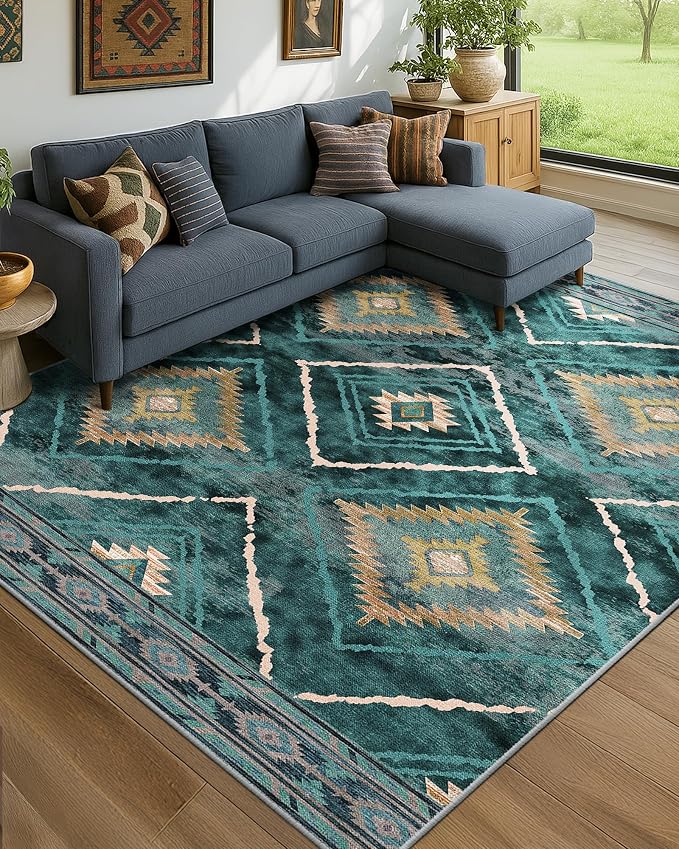 8'x10' Washable Area Rug for Living Room Bedroom Teal/Green | Soft Western No Slip Low Pile Print Foldable Indoor for Kitchen Dining Room