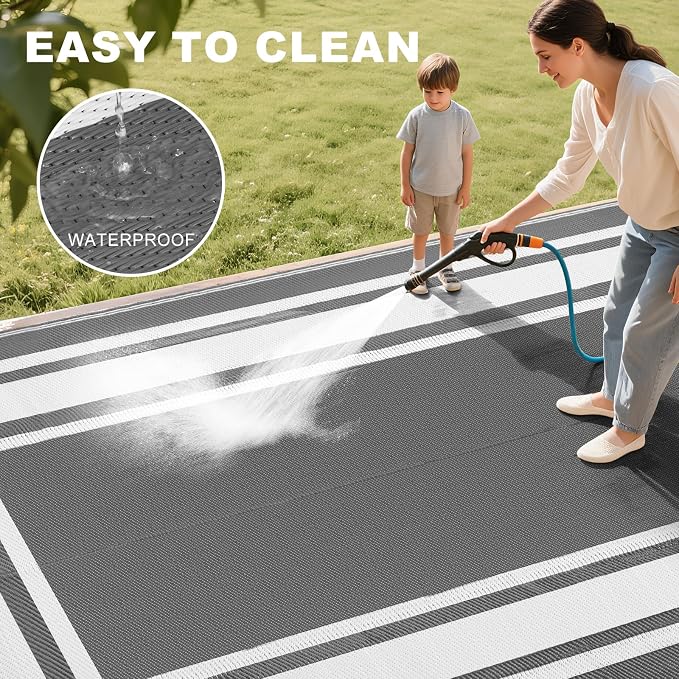 RURALITY Outdoor Rug 9x12 Waterproof for Patio Clearance,Large Plastic Straw Mat for Camping,Porch,RV,Reversible,Grey&White