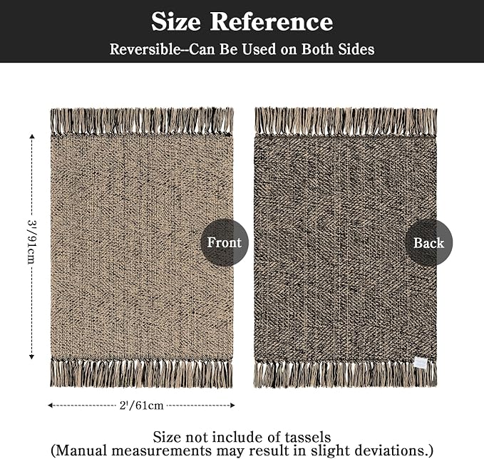Small Bathroom Rug 2' x 3', Modern Farmhouse Kitchen Rugs | Hand Woven Washable Entryway Rugs, Natural/Black Boho Low Profile Front Door Mat Braided Carpet for Back Porch Bedroom Decor