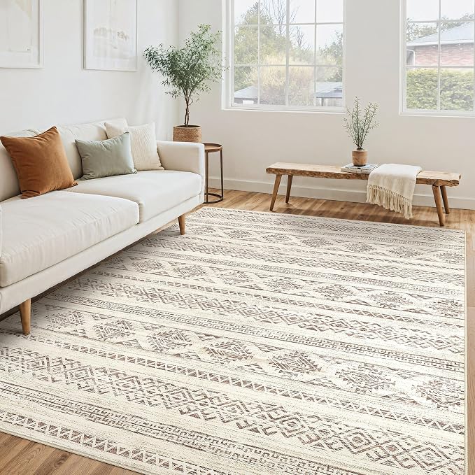 Tortania Area Rug Living Room Rugs - 5x7 Washable Large Soft Neutral Boho Moroccan Bohemian Farmhouse Rug Indoor Floor Carpet for Bedroom Under Dining Table Home Office Decor - Brown