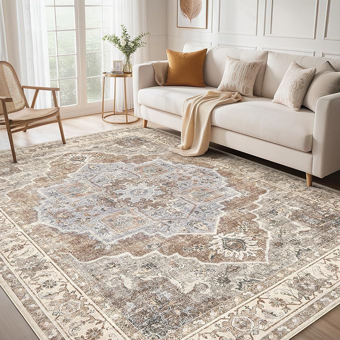8x10 Washable Area Rug: Vintage Neutral Soft Non Slip Thin Large Floor Carpet for Living Room Bedroom Kitchen Dining Room Home Office Farmhouse Indoor - Grey Brown