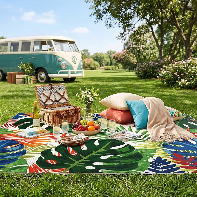 Arenarug 5x8 Monstera Tropical Outdoor Rug – Waterproof Non-Slip Machine Washable Patio Rug, UV & Stain Resistant Outdoor Carpet for Patio Deck Balcony Backyard, Colorful
