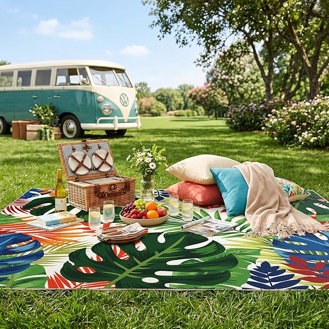 Arenarug 4x6 Monstera Tropical Outdoor Rug – Waterproof Non-Slip Machine Washable Patio Rug, UV & Stain Resistant Outdoor Carpet for Patio Deck Balcony Backyard, Colorful
