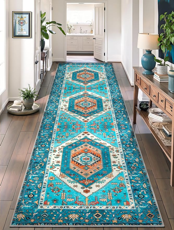 SERISSA 2'6"x10' Washable Non Slip Boho Runner Rug for Hallway，Blue | Ultra Soft Vintage Oriental Carpet Low-Pile Tribal Floor Carpet for Kitchen Bedroom Bathroom Laundry Room