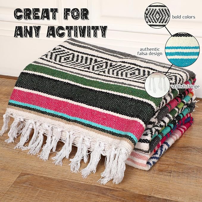 Oudain 3 Pack Mexican Blankets 45 x 70 Inch Woven Serape Throw Blanket, Baja Yoga Blanket for Beach Picnic Camping Boho Couch Decor Travel Outdoor (Classic Color)