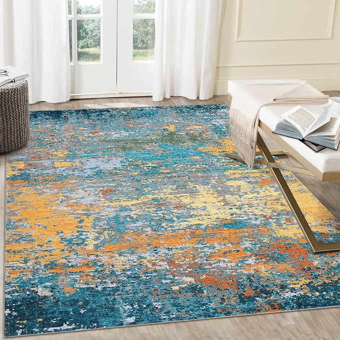 ROYHOME Area Rug 4x6 Stain Resistant Carpet, Multi Color | Modern Abstract Rugs Ultra Soft Indoor Floor Cover Accent Rug Low Pile Thin Rug for Living Room Bedroom Dining Room