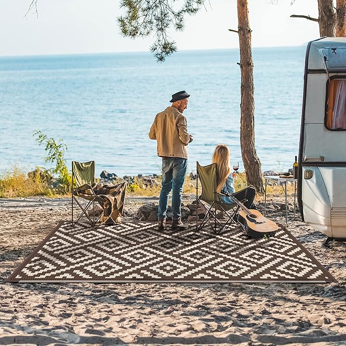 GENIMO 5'x8' Outdoor Rug Waterproof, Reversible Mats, Outdoor Area Rug, Plastic Outside Carpet, Geometric Rv Mat for Patio Camping Rv Picnic Backyard Deck Balcony Porch Beach Trailer (Coffee&Beige)