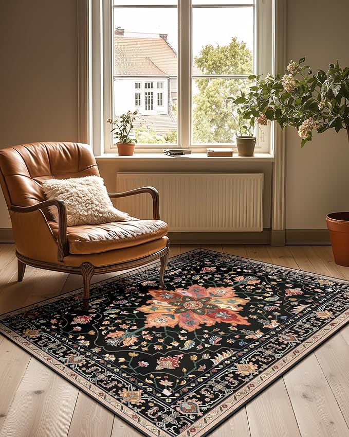 RELEANY Washable Area Rug, 3'x4', Black/Colorful | Non-Slip, Water Repellent, Pet Friendly, Easy to Clean, Vintage Floral Boho Decor for Living Room Bedroom Beside Kitchen