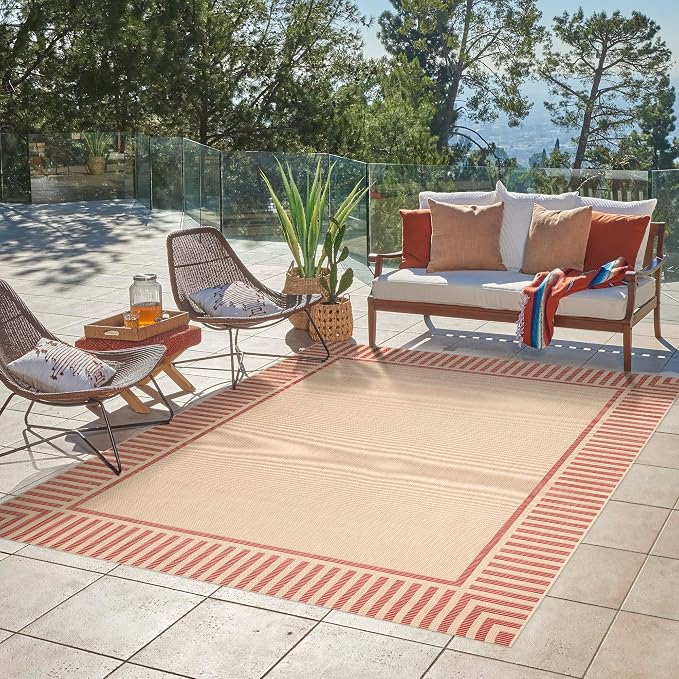 Gertmenian Indoor/Outdoor Flatweave Area Rug - 6x9 Medium, Stain & UV Resistant, Ideal for Deck, Patio, Poolside, Mudroom - Klano Striped Sand, Red, 25424