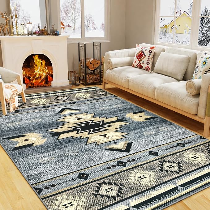 BENRON Western Rugs for Living Room Bedroom 3x5, Non Slip Washable, Grey | Southwest aztec Throw Area Rugs for Dining Table Kitchen Home Decor