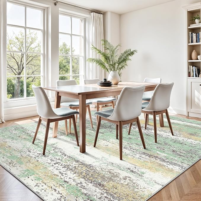 8x10 Area Rugs, Abstract Modern Ultra Soft Washable Rug, Non Slip Carpet with Rubber Back Stain Resistance Rugs for Living Room, Bedroom, Dining Room Decor(Light Green/Cream)