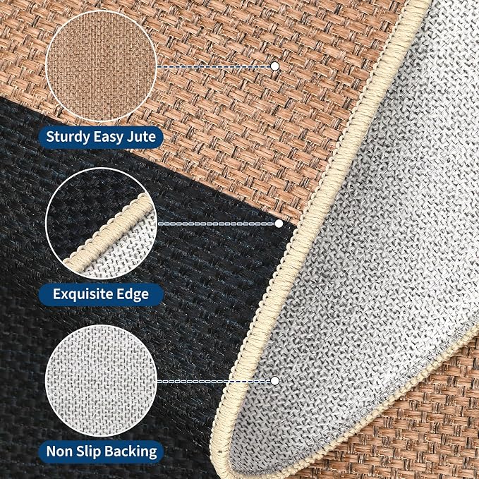 Garvee Easy Jute Outdoor Rug 5x7 Washable Modern Checkered Rugs，Black/Brown | Living Room Non-Slip Farmhouse Checkered Outdoor Mat Neutral Floor Carpet for Bedroom Patio Dining Room Backyard