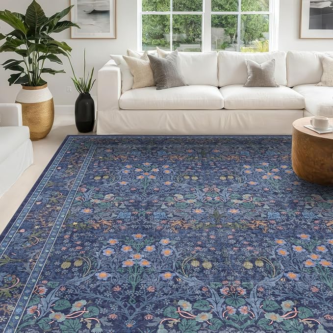 Washable Dark Blue Rug for Living Room - 10x14 Large Area Rug for Dining Room Under Table, Bedroom, Soft Low Pile Non-Slip Stain Resistant Carpet - Vintage Navy Floral Design