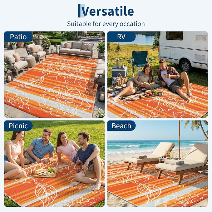 Garvee 9x12 Outdoor Waterproof Rug, Floral Outdoor Area Rug，Reversible Plastic Straw Patio Rug, Portable Camping Mat for RV, Picnic, Beach, Balcony, Garden & Camping Orange