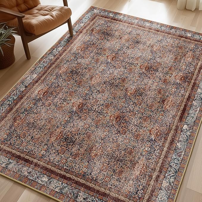 Phantoscope Washable Area Rug 8'x10' Non-Slip, Vintage Neutral Xmas Rugs for Living Room, Bedroom, Dining Room, Distressed Boho Floral Medallion Pattern, Low-Pile Foldable Carpet, Brick Red/Black