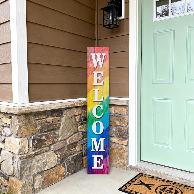 Vertical Wood Welcome Sign for Front Porch Vertical Decorative Sign Front Door Outdoor Indoor Welcome Sign 47.2x7.8 Inch Large Farmhouse Style(Rainbow)