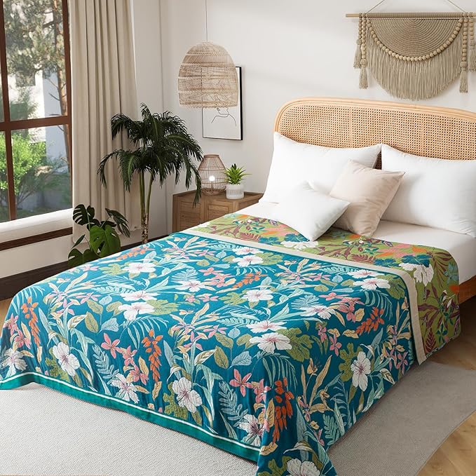 Phuryllic Boho Throw Blanket Twin Size, Soft Cozy Cotton Muslin Quilt Blanket for Bed Decor, Floral Patterned Couch Sofa Chair Cover, Vintage Farmhouse Cottage Tapestry Woven Blanket, Teal&Green
