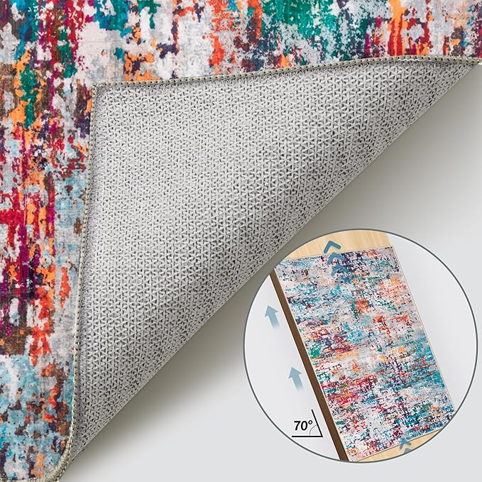 Tangsoo Abstract 2.6x10 Washable Runner Rug for Hallway,Runner Rug Non Slip | Modern Soft Low Pile Long Hallway Rug Runner, Contemporary Carpet Runners for Kitchen Bedroom Living Room Gray Multi Decor