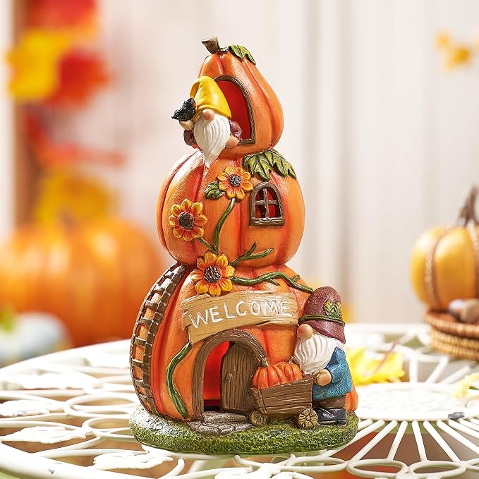 TERESA'S COLLECTIONS Fall Decor, Pumpkin Decor, Orange Pumpkin Fairy House and Gnomes Santa with Solar Lights, Waterproof Resin Outdoor Fall Decor, Fall Gifts Outdoor/Indoor, 6.7"