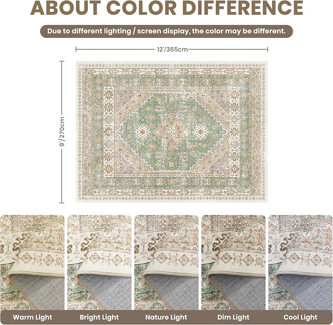 9x12 Area Rugs for Living Room,Large Washable Rug,Green | Rugs for Bedroom,Dining Room,Office,Low Pile,Soft, Vintage Rug,Stain Resistant Indoor Carpet,Non Slip,Home Decor