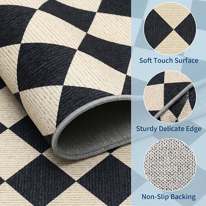GarveeHome Checkered Rug Runners 2.5x8 Non Slip Kitchen Runner for Hallway | Soft Black and Brown Diamond Print Entryway Rug Thin Laundry Mat Stain Resistant Carpet for Bedroom Bathroom Beside
