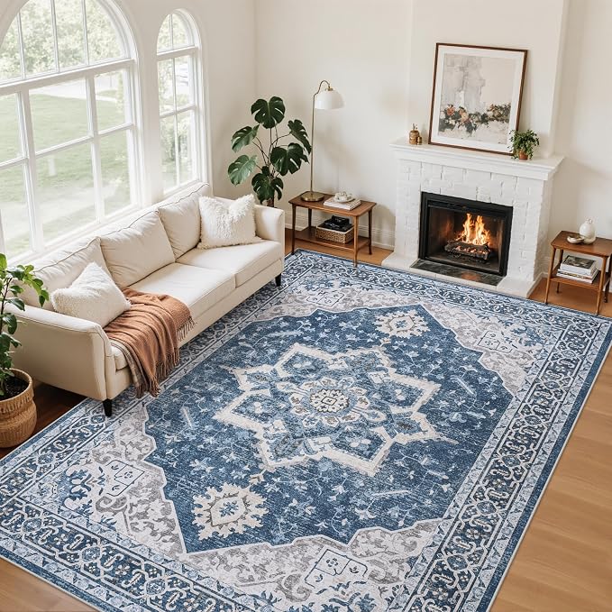 6x9 Washable Area Rugs for Living Room Blue Non-Slip Rug | Vintage Medallion Rug，Soft Low Pile Large Rugs，Indoor Retro Carpet for Bedroom Nursery Dining Table Farmhouse Home Office