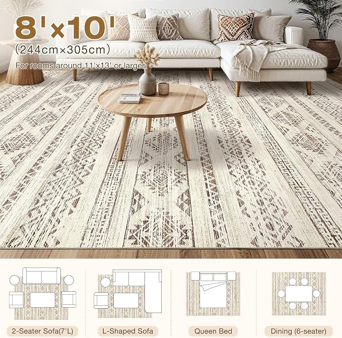 Tortania Area Rug Living Room Rugs - 8x10 Washable Large Soft Neutral Boho Moroccan Bohemian Farmhouse Rug Indoor Floor Carpet for Bedroom Under Dining Table Home Office Decor - Brown