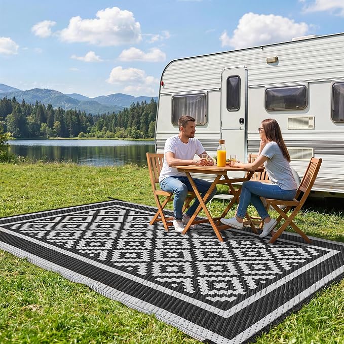 Kohree RV Outdoor Rug 8x10 Reversible, Waterproof Patio Mat with 4 Stakes & UV Fade Resistant, Non-Slip Outdoor Camping Mat for Deck, Picnic, Backyard, Includes Carry Bag (Black & Grey)