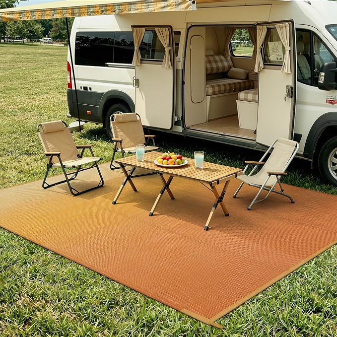 Lahome Waterproof RV Outdoor Rugs for Camping 8x10,Reversible Plastic Straw Rug Patio Rv Mats for Outside Under Awning,Portable Lightweight Carpet for Porch Backyard,Orange-Yellow 8x10