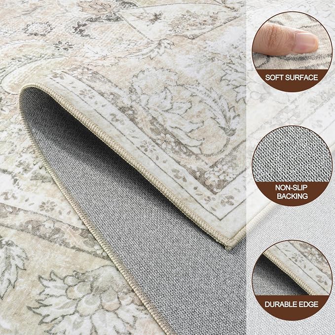 6x9 Washable Area Rugs for Living Room Beige White Non-Slip Rug | Vintage Medallion Rug，Soft Low Pile Large Rugs，Indoor Retro Carpet for Bedroom Nursery Dining Table Farmhouse Home Office