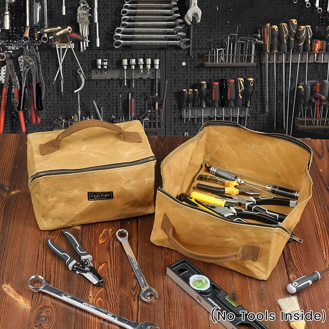 Canvas Tool Bag, Zippered Tool Pouch with Handle, 16 OZ Waxed Canvas Tool Storage Organizer | 2-Pack | 9.5"L x 10.5"W x 5.5"H (Opened) - Khaki