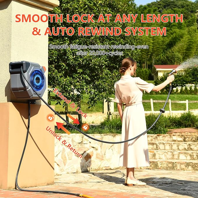 Retractable Garden Hose Reel, 5/8 in x 75ft Heavy Duty Wall Mount Water Hose Reel with Metal Bracket & 9-Pattern Metal Nozzle, Any Length Lock, Slow Retraction and 180° Swivel