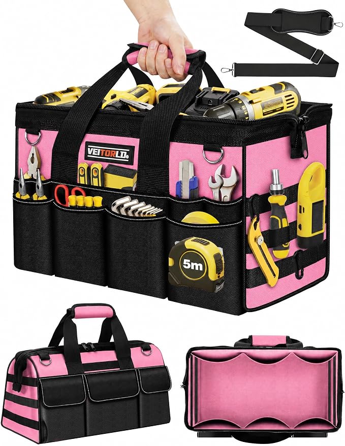 Veitorld 16-Inch Tool Bag Tool Box Organizer, Heavy Duty Tool Organizer with 19 Pockets, Wide Mouth Design for Easy Access, Portable Tool Tote Gift for Women and Men, Garage, Workshop, Pink