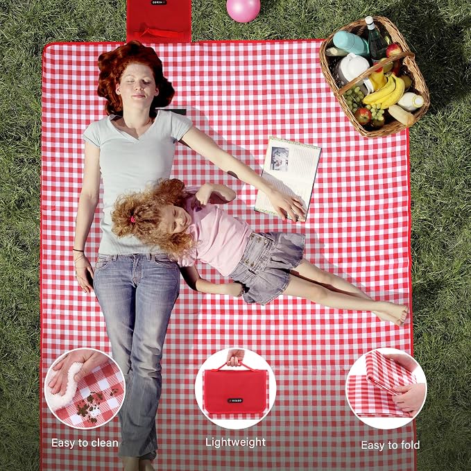 HX&OD Picnic Blanket Outdoor Extra Large Picnic Mat 80"X60" Camping Blanket Beach Blanket Foldable Waterproof Sand Mat Hiking Travel Family Concerts(Red)