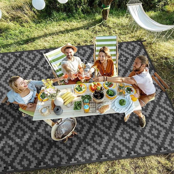 Outdoor Patio Plastic Straw Rug - 8x10 ft Outdoor Camping Rug Waterproof Reversible, Area Carpet Patios RV, Outside Porch Balcony Deck for Camper, Black & Grey
