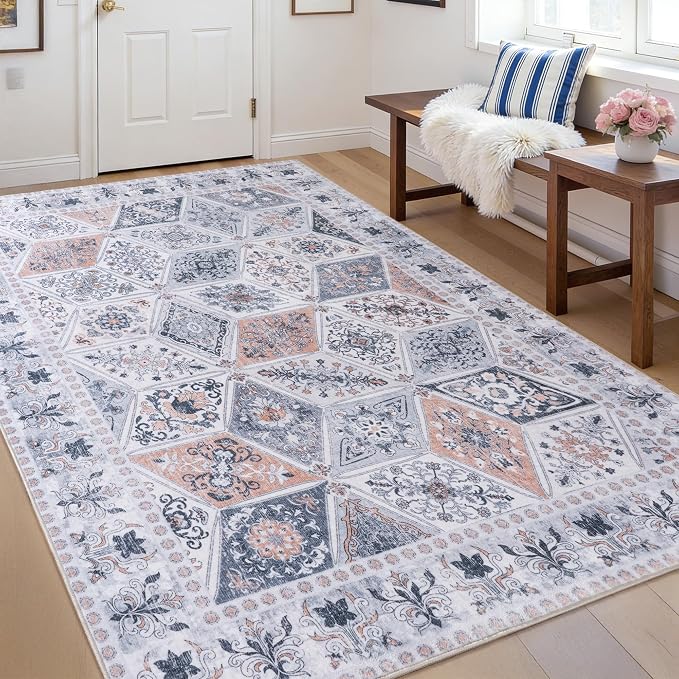 Moroccan Boho Floral Geometric Patchwork Washable 9x12 Large Rug | Vintage Distressed Non Slip Throw Carpet for Bedroom Livingroom Kitchen Hallway Entryway Office Dining Room Docer Light Grey
