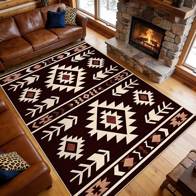 Area Rug 5x7 Western Rug Living Room Southwestern Aztec Tribal Rugs Southwest Navajo Machine Washable Non-Slip Printed Low-Pile Floor Carpet for Bedroom Dining Room Office, Red Brown