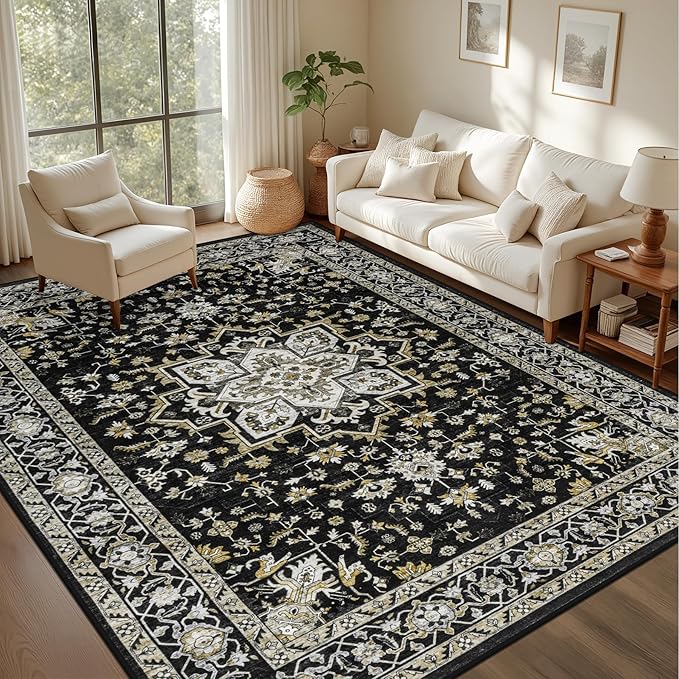 10x14 Area Rugs Living Room: Washable Rug for Bedroom Black Gold | Vintage No Slip Stain Resistant Rug Soft Indoor Decor Floor Floral Area Rugs for Dining Room, Nursery, Hallway, Home Office
