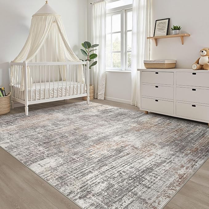 LOONGRUG 6x8 Area Rug Washable Neutral Modern Rug for Living Room Gray Rust | Abstract Soft Stain Resistant Indoor Non-Slip Carpet for Bedroom Nursery Kids Office Playroom Dining Room