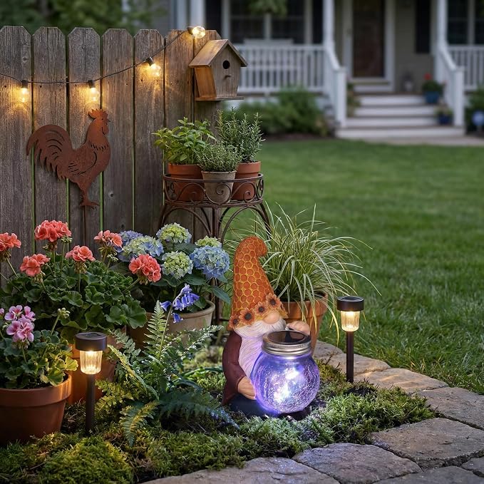 Lyeasw Solar Gnome Decor with Honeycomb Lantern, Outdoor Garden Decor | 10 Inch Resin Figurine with LED Glow, Weather Resistant Garden Accent for Patio, Porch, Yard & Gift for Garden Lovers