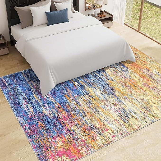 ROYHOME Modern Abstract Area Rug 4x6 Washable for Living Room, Blue/Orange | Ultra Soft Rug for Bedroom, Non Slip Indoor Floor Carpet, Stain Resistant Rugs for Home Decor Office
