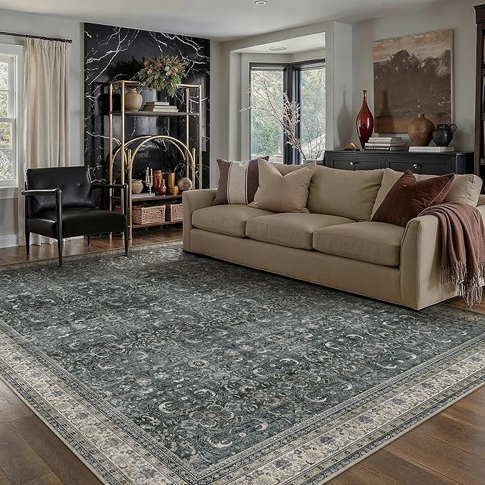 6x9 Black Vintage Distressed Washable Area Rug for Living Room | Low Pile, Non Slip, Retro Style, Soft Distressed Indoor Rug for Living Room, Bedroom, Dining Room, Office, Home Decor