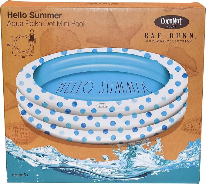 Rae Dunn x CocoNut Float Aqua Polka Dot Mini Pool, Hello Summer Theme | Inflatable swimming pool for kids, splash design, easy setup, great backyard fun, durable, perfect for summer parties