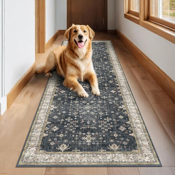 Black Washable 10ft Long Runners for Hallways, 2'6"x10' Wide Kitchen Runner Rug, Entryway Indoor Rug, Non Slip Rubber Backing Boho Vintage Floor Decor