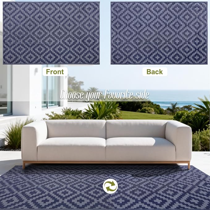 SAND MINE Reversible Mats, Plastic Straw Rug, Modern Area Rug, Large Floor Mat and Rug for Outdoors, RV, Patio, Backyard, Deck, Picnic, Beach, Trailer, Camping, Dark Blue & Grey, 4' x 6'