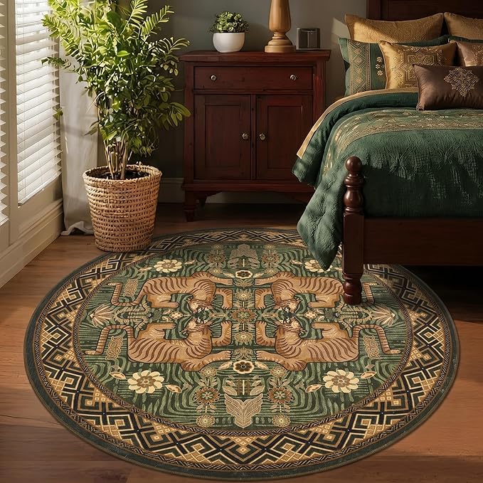 GarveeHome Tiger Round Area Rugs Boho Bedroom Non Slip Washable Vintage | 5ft Green Animal Print Circle Rugs Non Slip,Tribal Floor Carpet for Dining Room Entryway Nursery Playroom Office