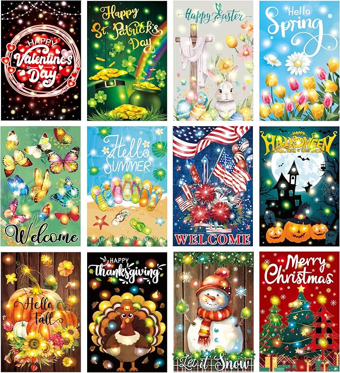 Remagr 12 Pcs Solar Seasonal LED Garden Flags Double Sided Yard Flags Easter Independence Day Summer Butterfly Decorations 12 x 18 Inch Welcome Garden Holiday Yard Outside Lawn Decoration
