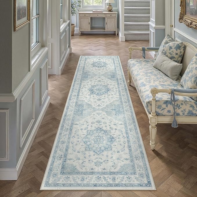 Blue 2x8 Washable Runner Rug Kitchen Vintage Oriental Carpet | Soft Low Pile, Non Slip, Stain Resistant, Floral Medallion, Neutral Retro Decor for Entryway, Bathroom, Hallway, Bedroom
